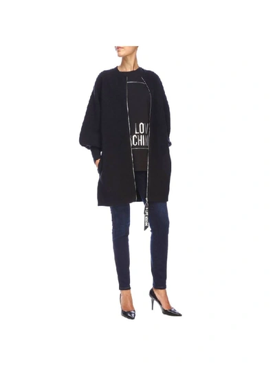 Shop Love Moschino Maxi Bomber With Round Neck With Zip And Logo In Black