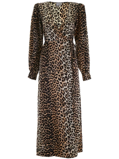 Shop Ganni Leopard-printed Wrap Dress In Leo (black)