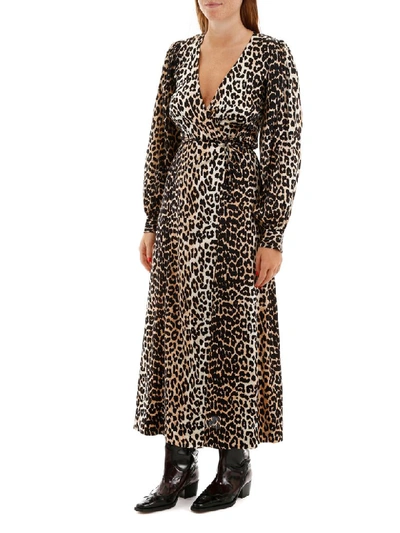 Shop Ganni Leopard-printed Wrap Dress In Leo (black)