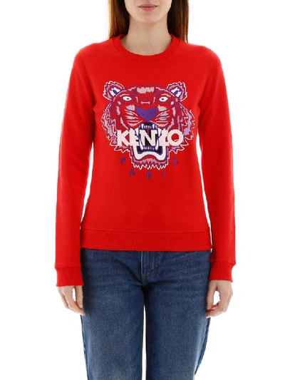 Shop Kenzo Sweatshirt With Tiger Embroidery In Rouge Moyen (red)