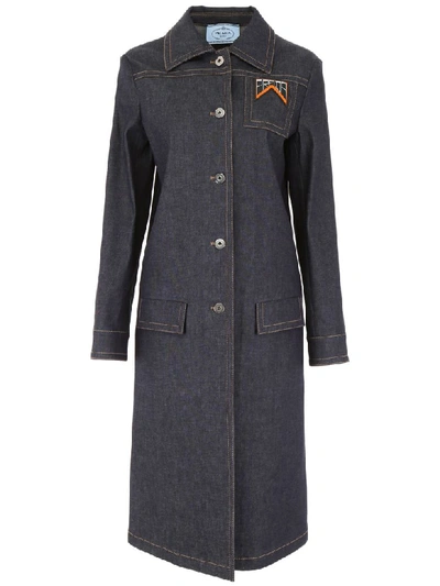 Shop Prada Denim Coat With Logo Patch In Bleu (blue)