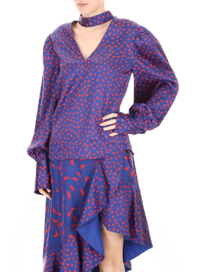 Shop Self-portrait Printed Blouse In Blue Red (pink)