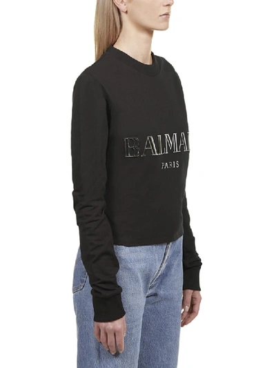 Shop Balmain Logo Cropped Top In Nero Argento