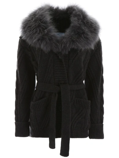 Shop Prada Maxi Cardigan With Fur In Antracite (grey)