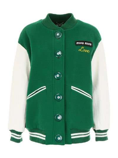 Shop Miu Miu Wool And Leather Bomber Jacket In Verde (green)