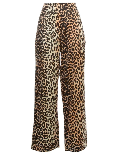 Shop Ganni Silk Stretch Satin Straight Pants Fantasy In Leopard