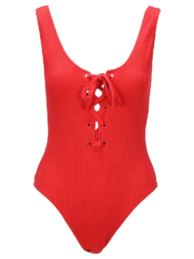 Shop Ganni Lace-up Swimsuit In Red