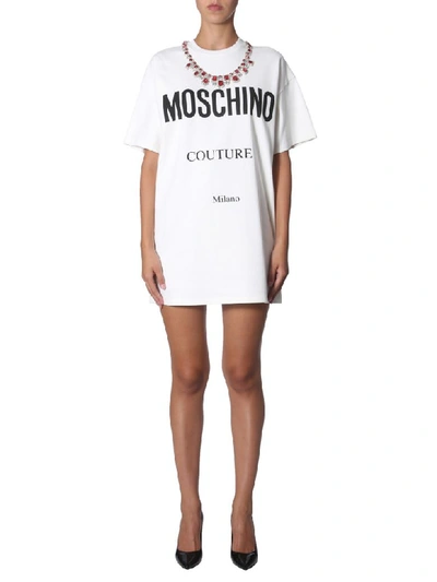 Shop Moschino Crew Neck Dress In Bianco