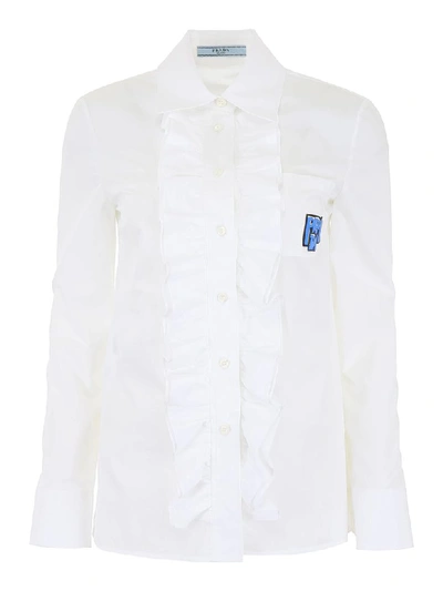 Shop Prada Ruffled Cotton Shirt In Bianco (white)