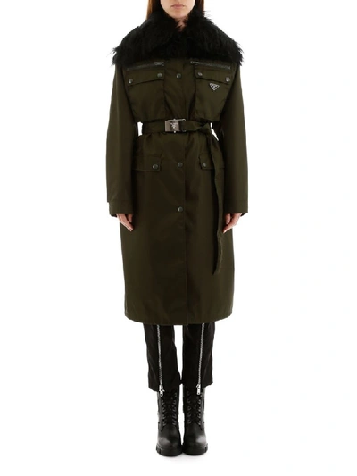 Shop Prada Nylon Raincoat In Militare Nero (green)