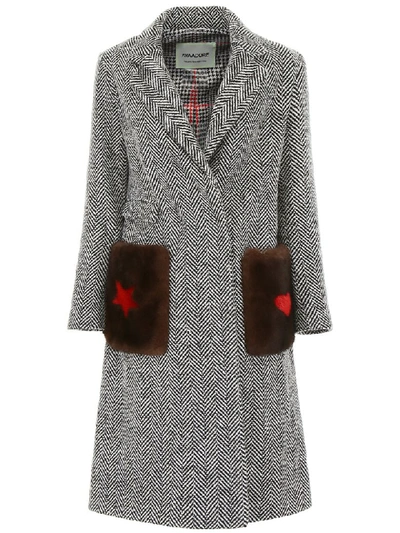 Shop Ava Adore Chevron Coat With Mink Fur In Nero Bianco (white)