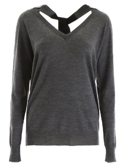 Shop Prada Pullover With Crystal Ribbon In Ardesia (grey)