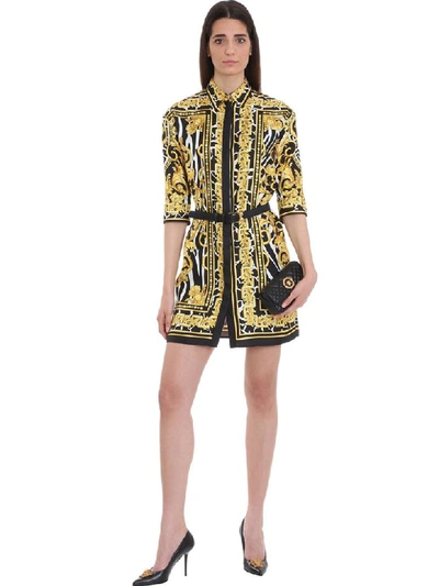 Shop Versace Printed Belted Silk Shirt Dress In Black