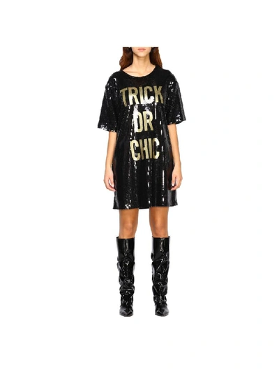 Shop Moschino Couture Halloween Collection Dress In Sequins With Trick Or Chic Writing In Black