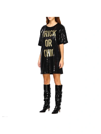 Shop Moschino Couture Halloween Collection Dress In Sequins With Trick Or Chic Writing In Black
