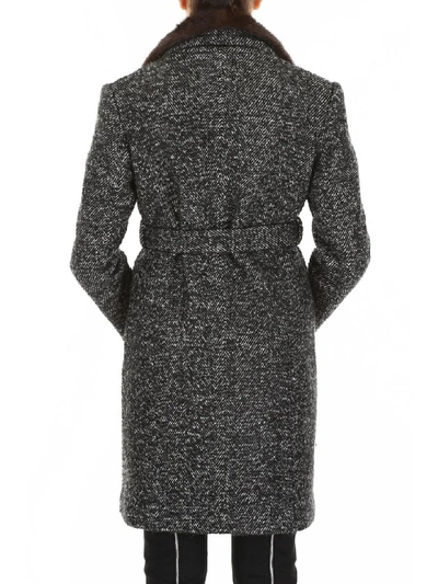 Shop Ava Adore Chevron Coat With Mink Fur In Nero Bianco (grey)