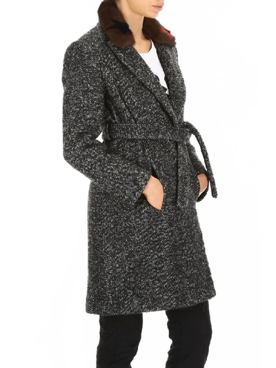 Shop Ava Adore Chevron Coat With Mink Fur In Nero Bianco (grey)