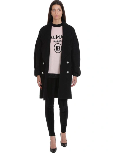 Shop Balmain Coat In Black Wool