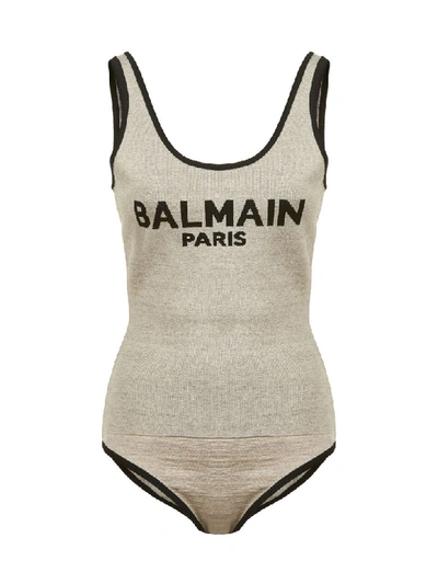 Shop Balmain Logo Knitted Bodysuit In Beige Oro Nero