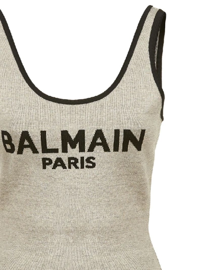 Shop Balmain Logo Knitted Bodysuit In Beige Oro Nero