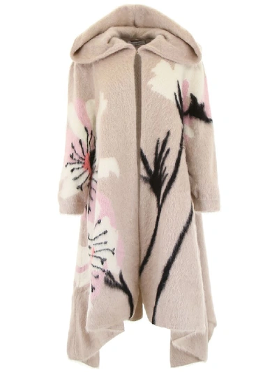 Shop Valentino Maxi Coat With Flowers In Poudre Anemone (beige)