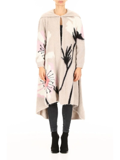 Shop Valentino Maxi Coat With Flowers In Poudre Anemone (beige)