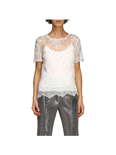 Shop Ermanno Scervino Top Crew-neck Sweater With Short Sleeves And Lace Inserts In White