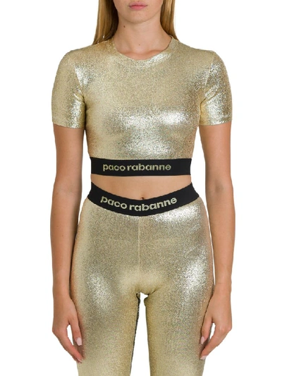 Shop Paco Rabanne Metallic Gold Top With Logo Taping In Oro