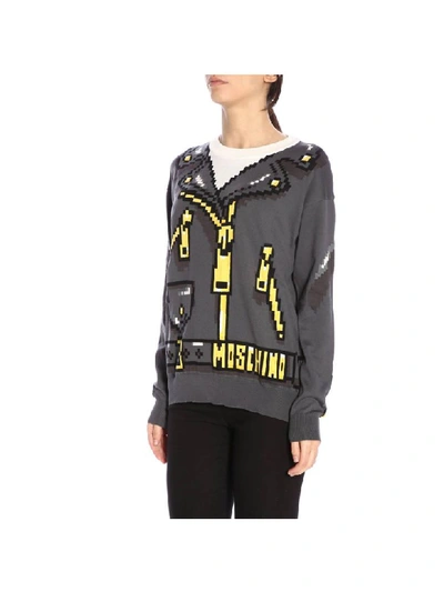 Shop Moschino Capsule Collection Pixel Sweater With Biker Print In Grey