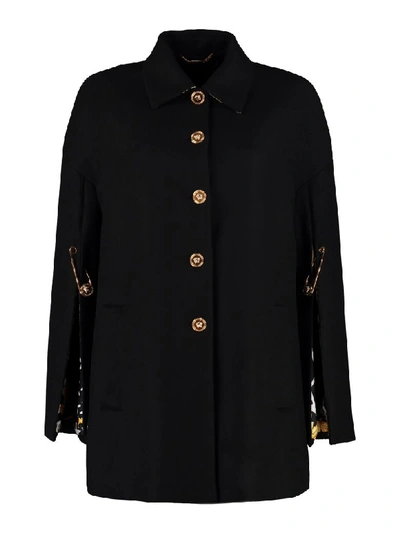 Shop Versace Wool Cape With Printed Lining In Black