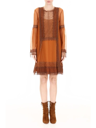 Shop Alberta Ferretti Dress With Lace Details In Orange Multi (orange)