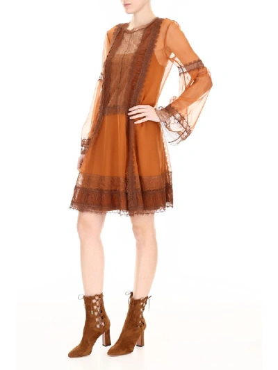 Shop Alberta Ferretti Dress With Lace Details In Orange Multi (orange)