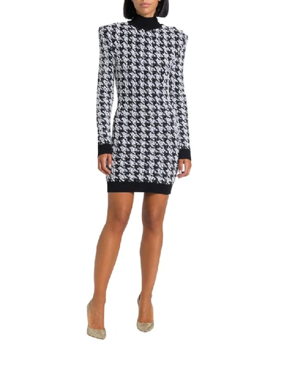 Shop Balmain Houndstooth Tweed Crochet Dress In Bianco/nero