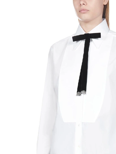 Shop Dolce & Gabbana Velvet Pussy Bow Cotton Shirt In Bianco Ottico