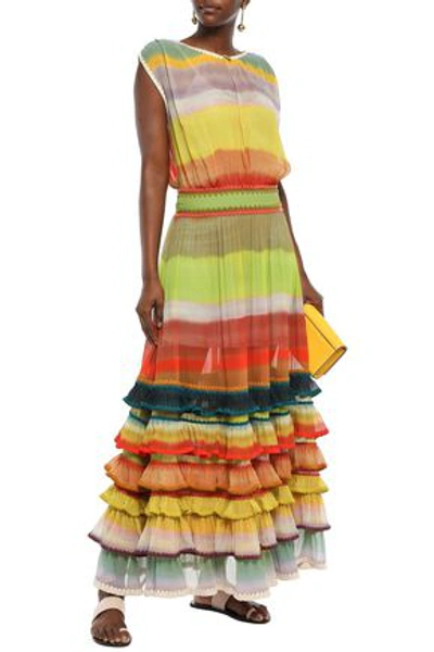 Shop Missoni Tiered Striped Silk-georgette Maxi Dress In Sage Green