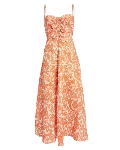 Shop Zimmermann Peggy Paisley Linen Midi Dress In Orange