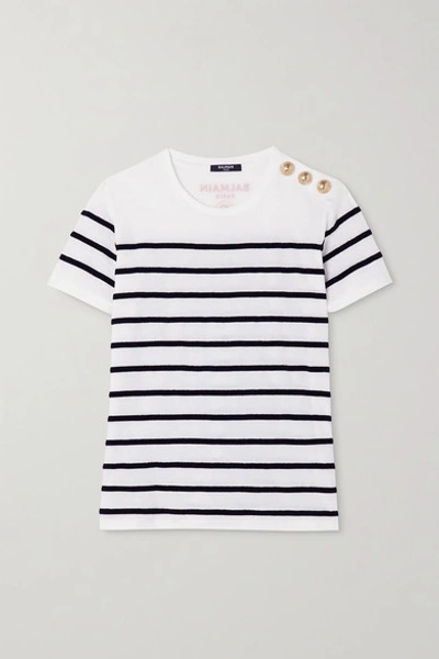 Shop Balmain Flocked Striped Cotton T-shirt In White