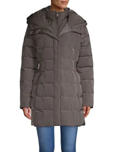 Shop Cole Haan Women's Shirred-waist Hooded Quilted Down Coat In Carbon