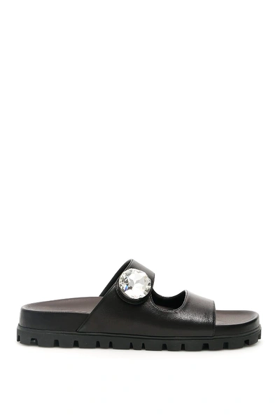 Miu Miu Crystal-embellished Leather Slides In Nero (black)