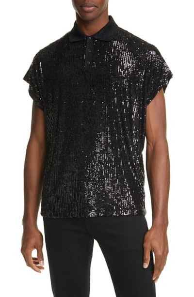 Shop Saint Laurent Sequin Short Sleeve Polo In Black