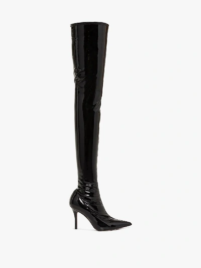 Shop Amina Muaddi Black Ami 95 Patent Leather Thigh-high Boots