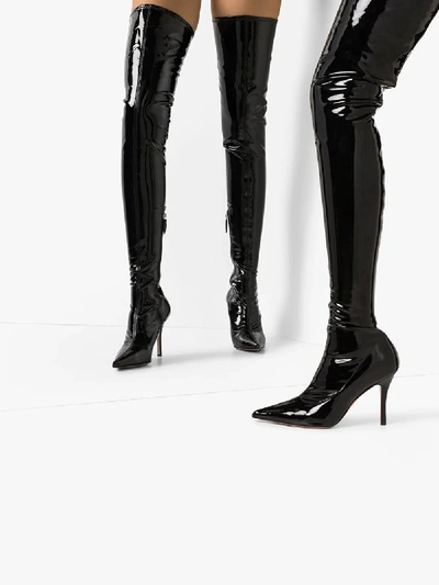 Shop Amina Muaddi Black Ami 95 Patent Leather Thigh-high Boots