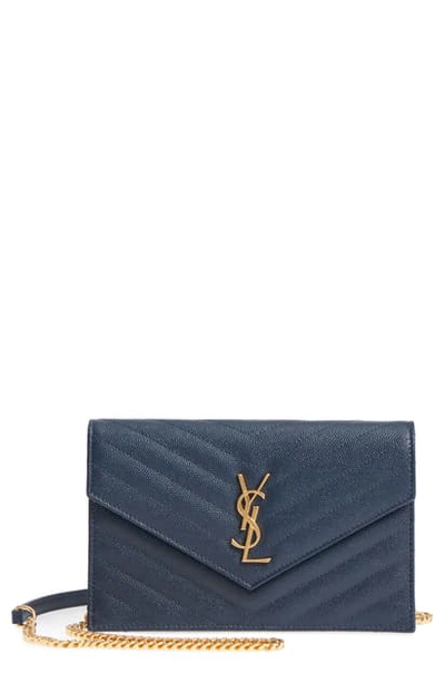 Shop Saint Laurent 'small Mono' Leather Wallet On A Chain In Navy