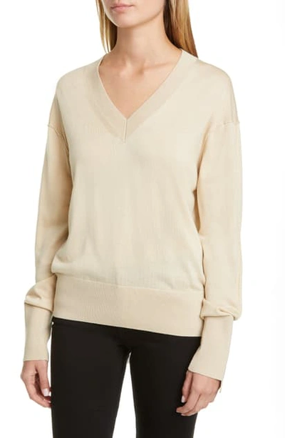 Shop Burberry Navuloa Logo Tape Merino Wool & Silk Sweater In Pale Ochre