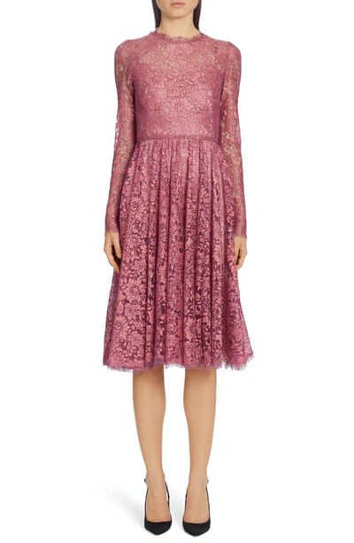 Shop Dolce & Gabbana Lame Long Sleeve Chantilly Lace Dress In Fuchsia