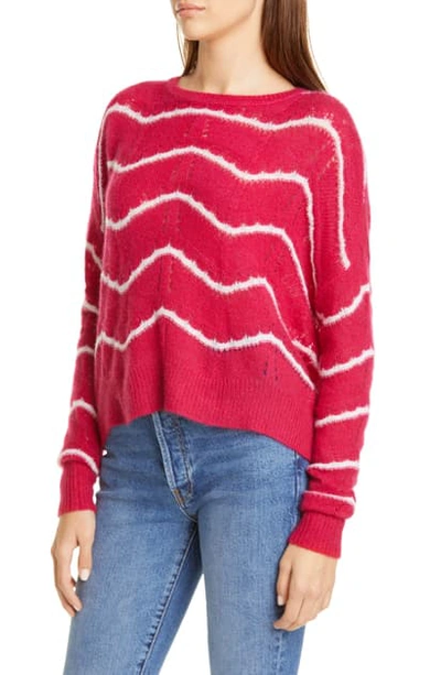 Shop Autumn Cashmere Wave Stripe Pointelle Stitch Cashmere & Silk Sweater In Cherry/ White