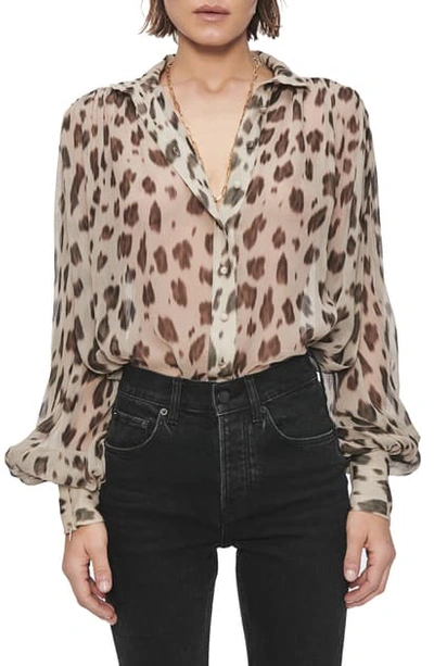 Shop Anine Bing Kacey Print Silk Chiffon Shirt In Blurry Leopard