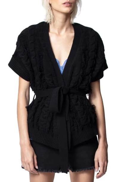 Shop Zadig & Voltaire Corry Cows Cable Short Sleeve Cardigan In Noir