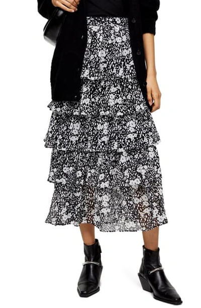 Topshop Floral Tiered Midi Skirt In Black Multi | ModeSens