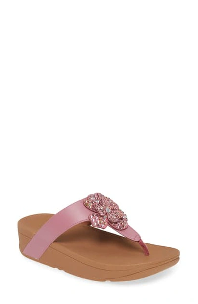 Shop Fitflop Lottie Crystal Flower Wedge Flip Flop In Heather Pink Faux Leather